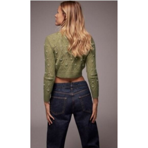 Zara Beaded Olive Green Cropped Turtleneck Sweater With Diamond Knit Design & Pe - Picture 1 of 10